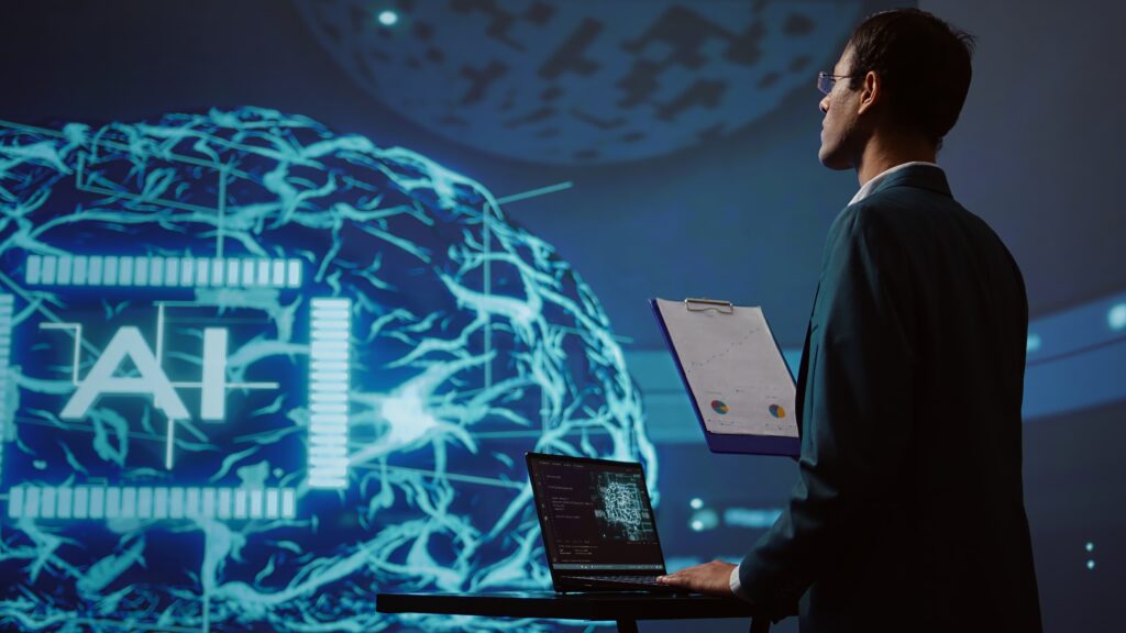 startup employee looking over business charts, using ai software